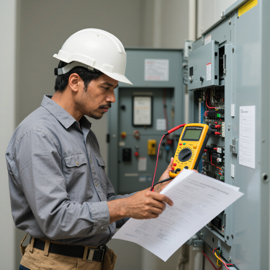 Engineer using a digital multimeter to test an electrical panel while holding compliance documents and inspection checklist.